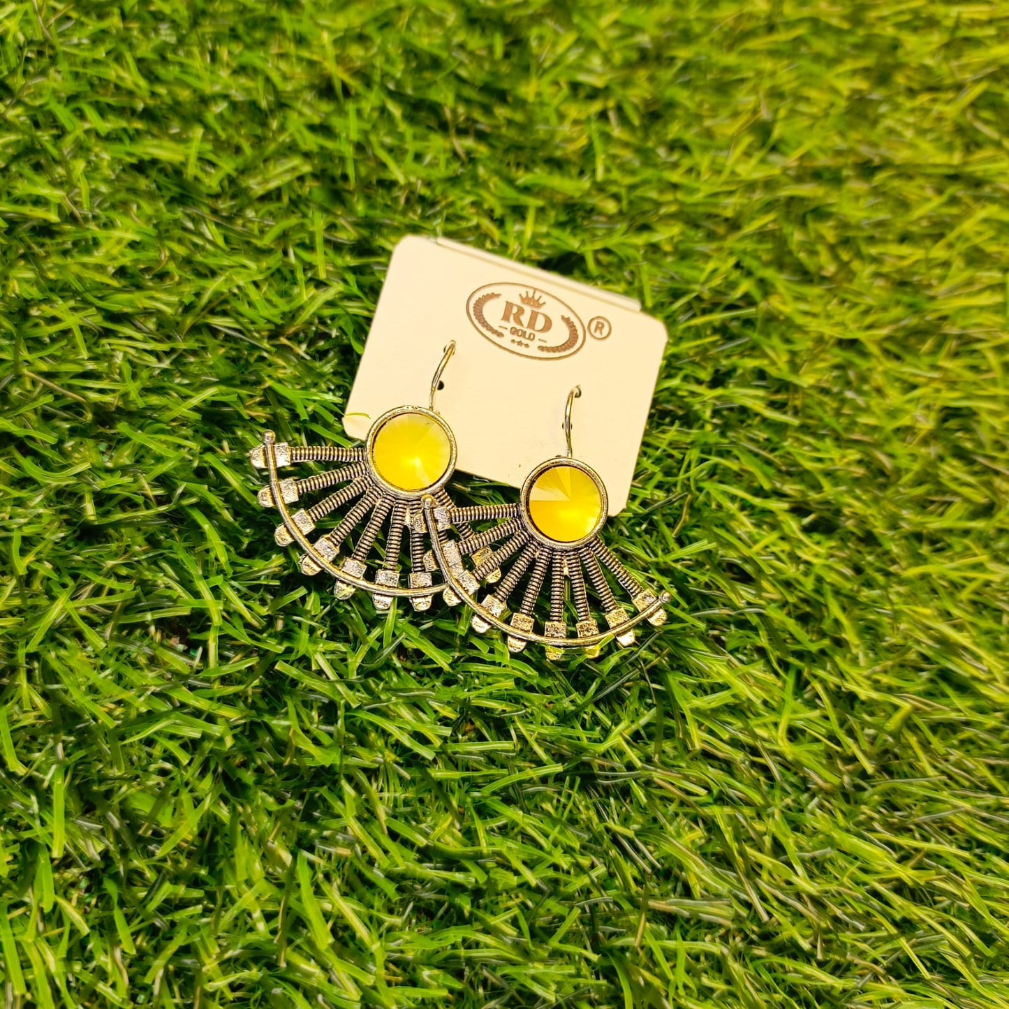 Trendy Fan-Shaped Oxidized Earrings with Colored Stones – Multiple Colors