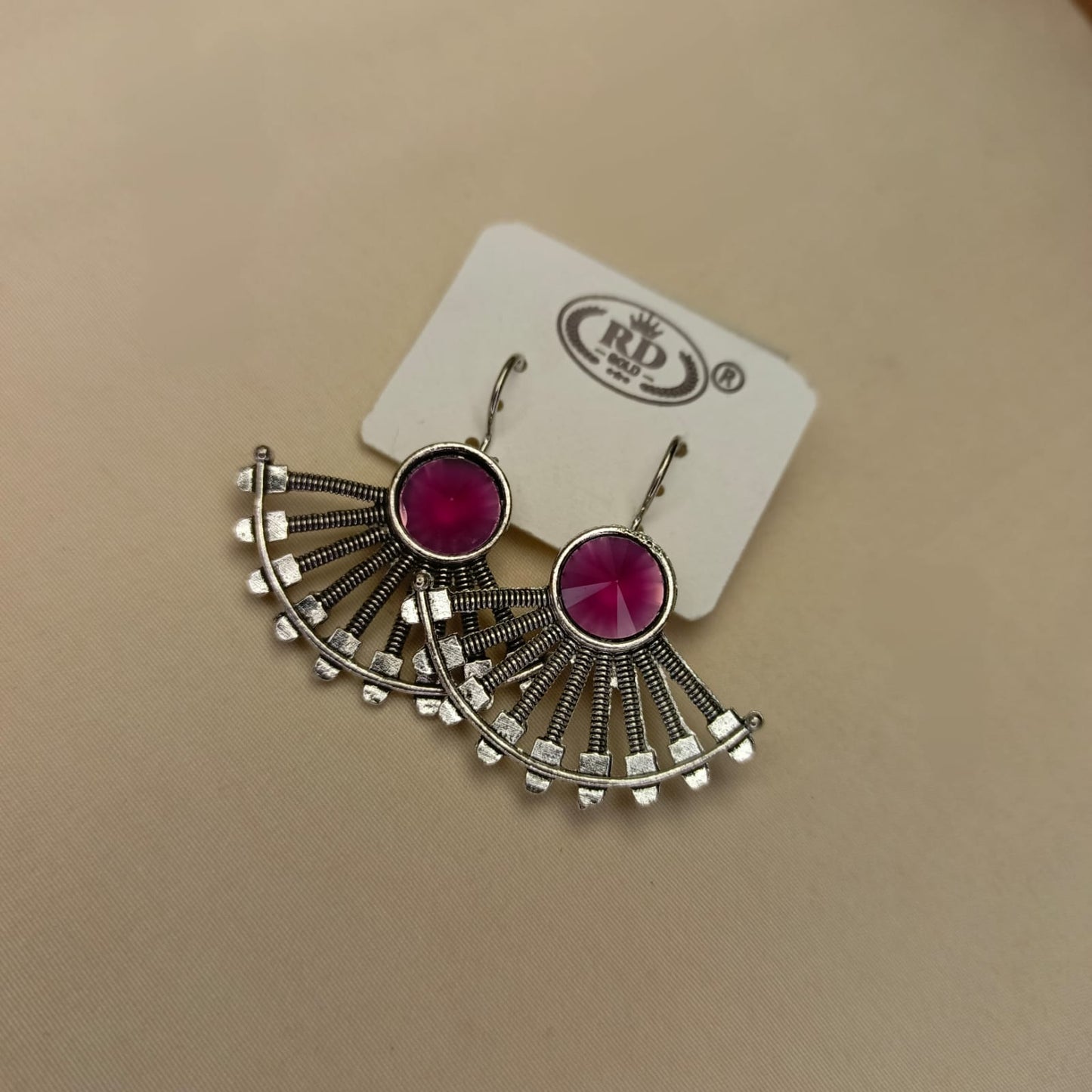 Trendy Fan-Shaped Oxidized Earrings with Colored Stones – Multiple Colors
