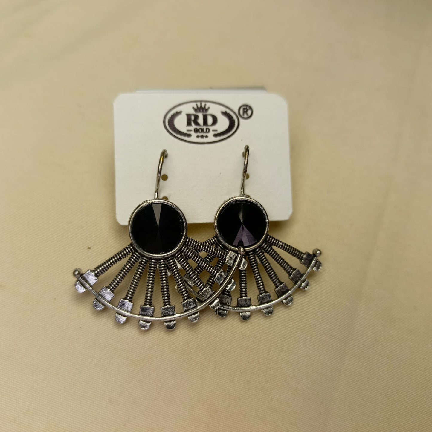 Trendy Fan-Shaped Oxidized Earrings with Colored Stones – Multiple Colors