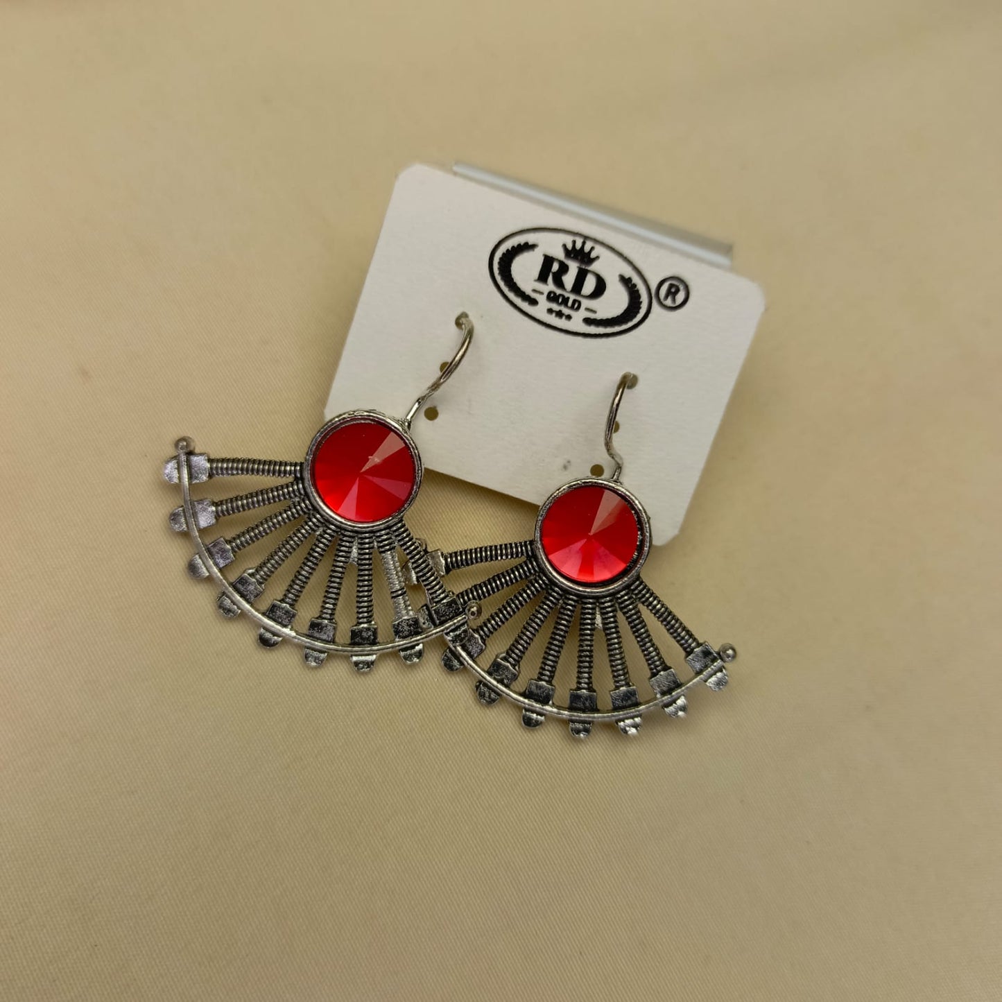 Trendy Fan-Shaped Oxidized Earrings with Colored Stones – Multiple Colors
