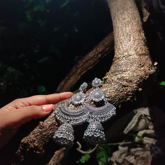 Royal Sliver Crystal Jhumka Earrings