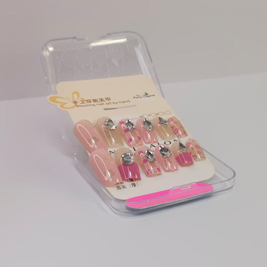 Luxury Press-On Nails Set with Rhinestone & Glitter Design – Reusable Nail Art