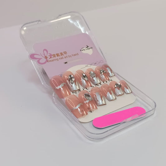 Luxury Press-On Nails Set with Rhinestone & Glitter Design – Reusable Nail Art