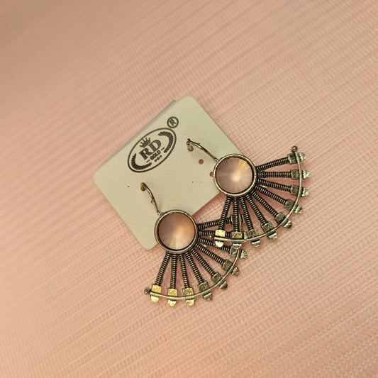 Trendy Fan-Shaped Oxidized Earrings with Colored Stones – Multiple Colors